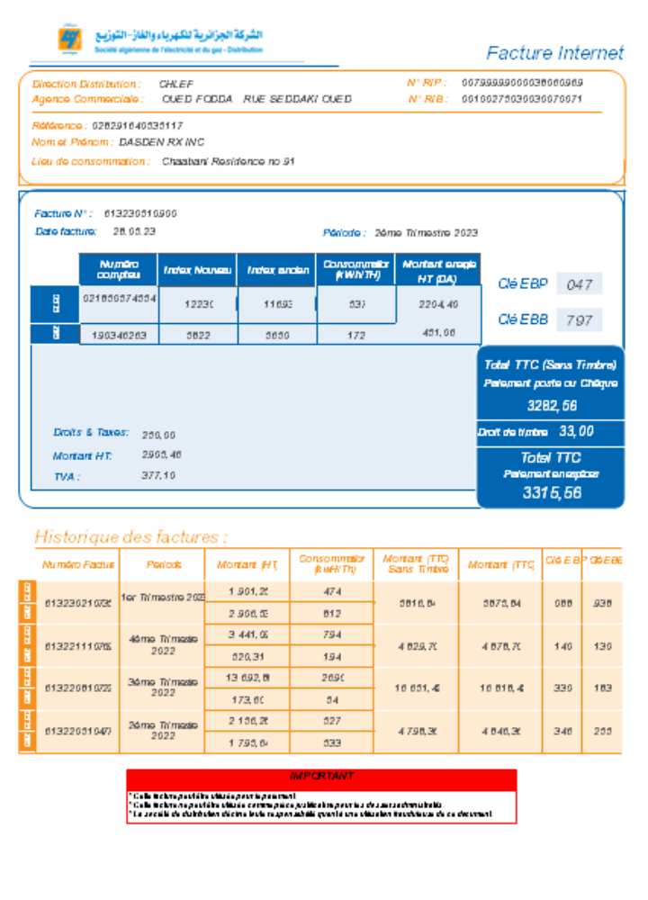 Societe Algerien Distribution internet utility business bill, SCR PSD template